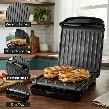 OVENTE 2-Serving Electric Indoor Grill & Panini Press with Easy Clean Non-Stick Plate Coating, Opens 180 Degrees, 8.15" x 7.4" Space Saving Design, 750W Contact Grill for Burgers & More, Black GP222B