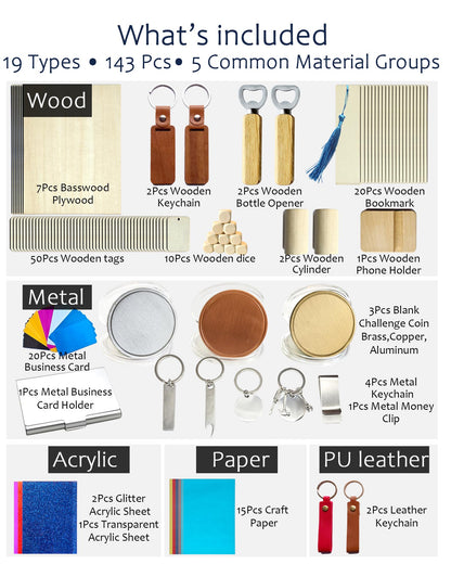 YoSpciaNe Laser Engraving Material Kit, 143 Pcs 19 Types Laser Engraver Blanks and Laser Engraver Supplies for Testing Common Materials, with Wood, Paper, Acrylic, Metal, PU Leather