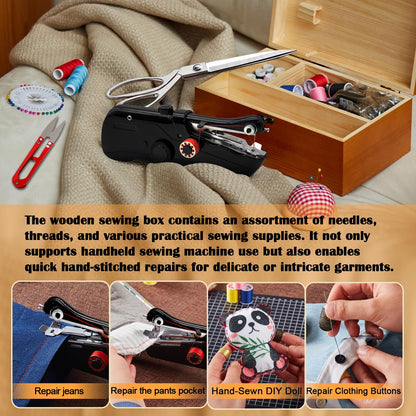 Handheld Sewing Machine with Exquisite Wooden Storage Box & 142-Piece Sewing Kit - Electric Switch, Dual Power Supply, Assorted Needles, Threads, Heavy Duty Scissors - Meets All Household Sewing Needs