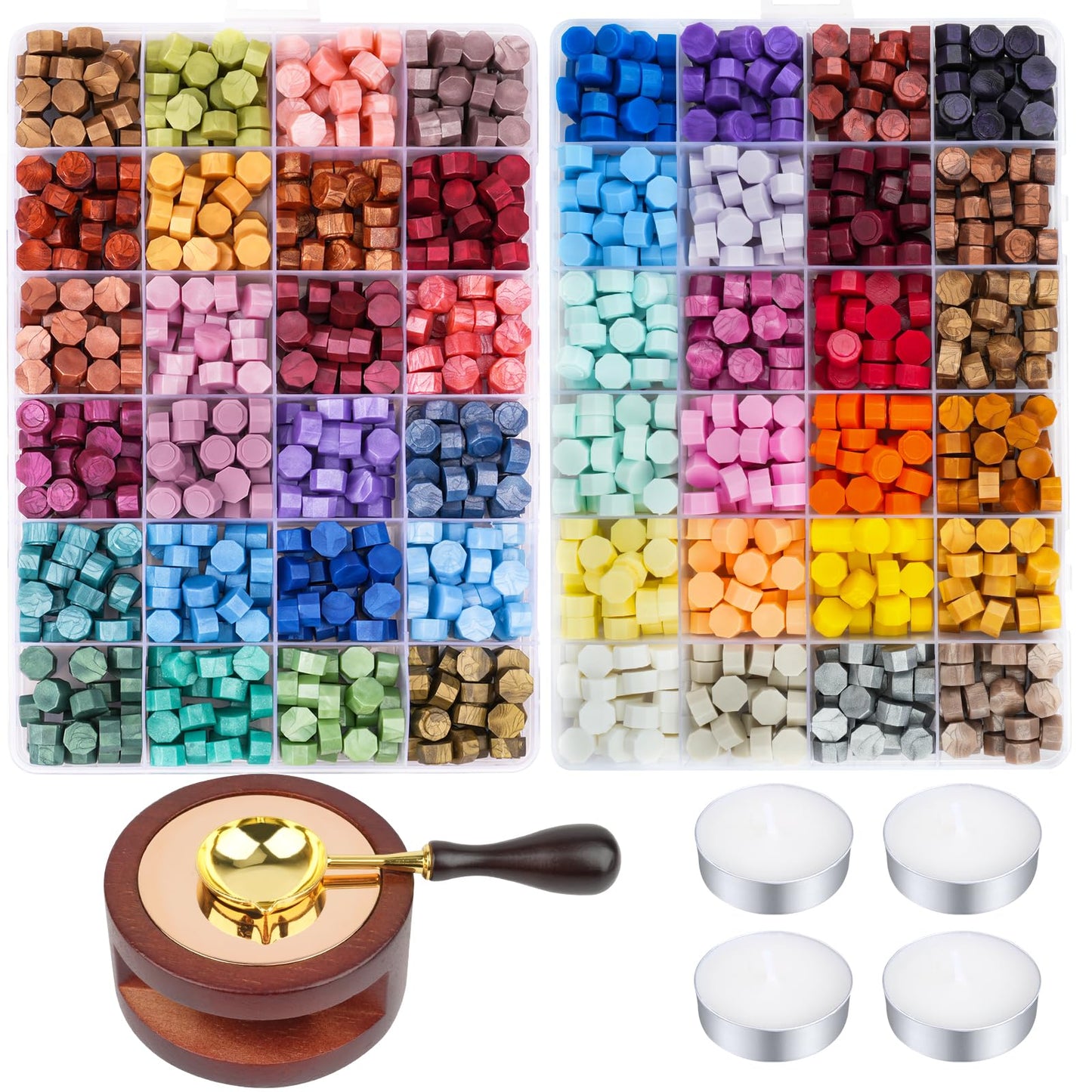 Aottom Wax Seal Kit, 48 Colors 1248 Pcs Sealing Beads with Melting Pot, Spoon, Tea Light Candles, Wax Seal Stamp Kit for Wedding Invitation, Gifts, Envelope, Letter Stamp Sealing and DIY Craft