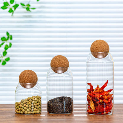 Wisifayardin Glass Storage Jars with Ball Cork Lids - 3 Pcs Set, Decorative Round Glass Canisters, Wood Ball Lids, Sizes: 500ML/17Oz, 800ML/27Oz, 1000ML/34Oz