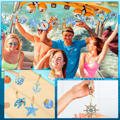 BBTO 15 Pcs Summer Ocean Diamond Painting Keychains Kits 5D DIY Summer Diamond Art Painting Keyrings Sea Animals Theme Key Chains for Beach Party Crafts Ornaments