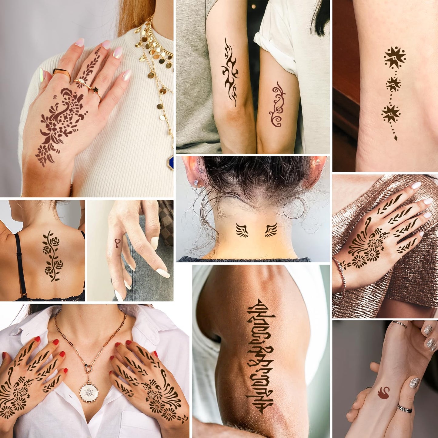 MuseLuxe 126 PCS Temporary Tattoos Stencils Kit,Temporary Tattoos Kit - 6 Pcs 2 Color(Brown Black) Ink with Gloves,DIY Body Art Painting for Women Men Adults Kids