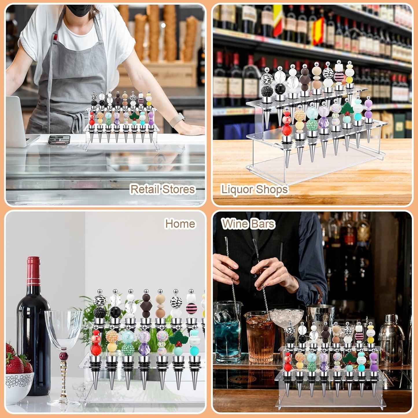 20 16 2 Countertop, 9.45''L 4.72''H 3.94''W Menkxi Pcs Beadable Wine Bottle Stoppers and Slot Clear Acrylic Tier Riser