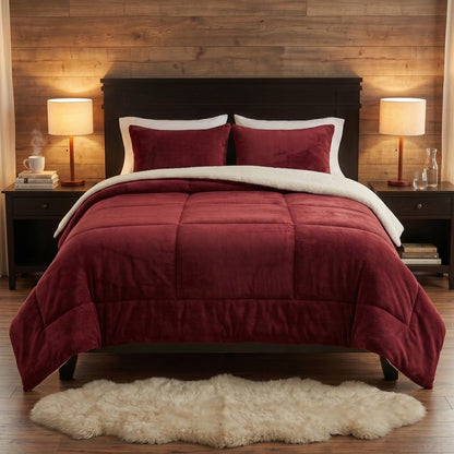Lavish Home 3 Piece Sherpa/Fleece Comforter Set, King, Burgandy
