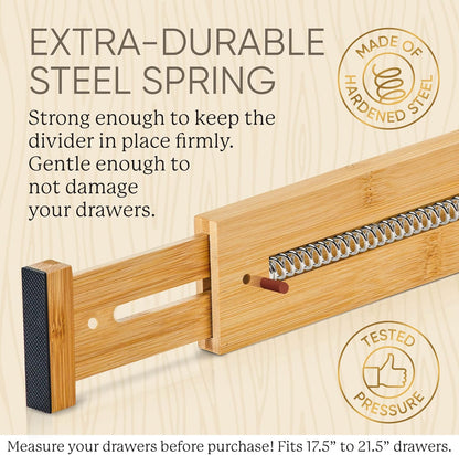 Expandable Bamboo Drawer Dividers, Wooden Separators for Clothes, Kitchen Utensils, Bathroom, Dresser - [17.5" - 21.5"]
