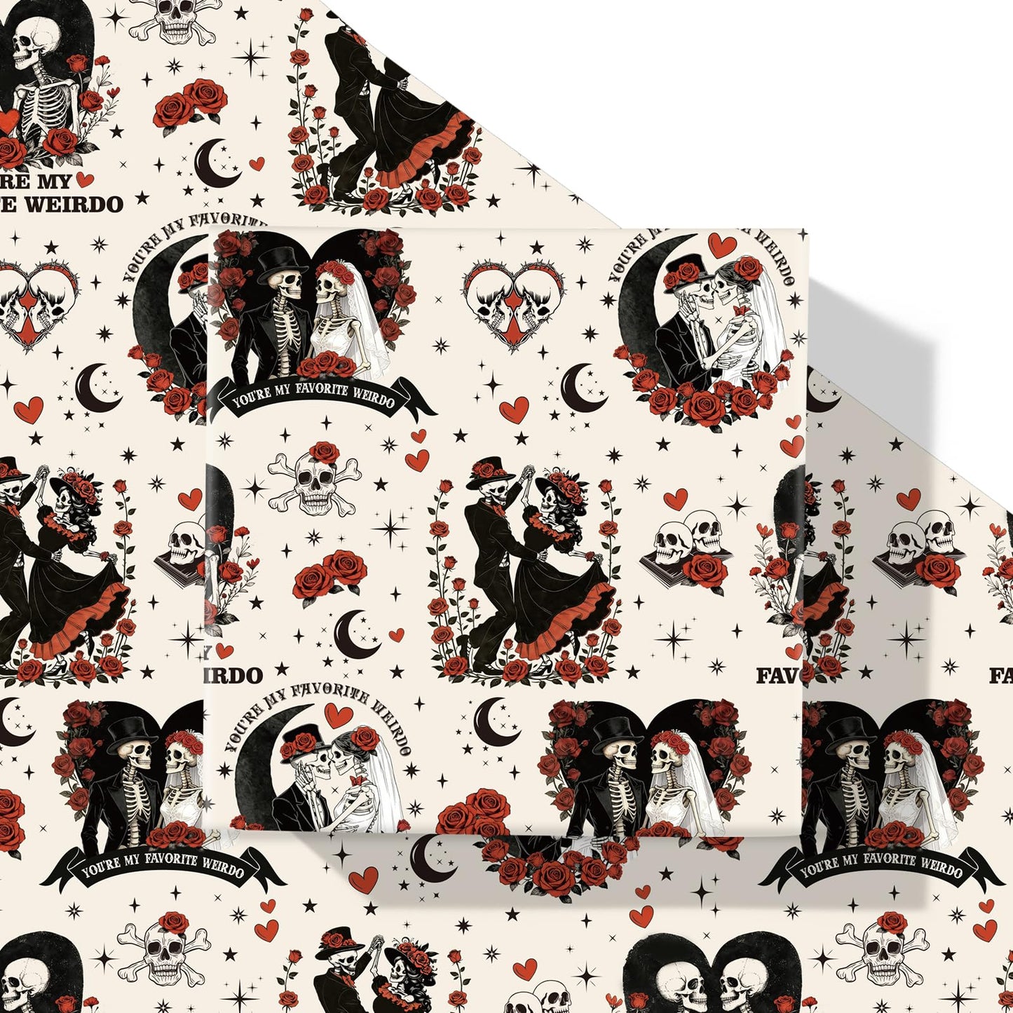Joviwrap Gothic Anniversary Wrapping Paper Roll, Skull Couple Romantic Wrapping Paper, Black Red Skeleton Rose Present Packaging for Goth Weirdo Lovers Birthday Wedding Halloween, 17 In x 16.4 Ft