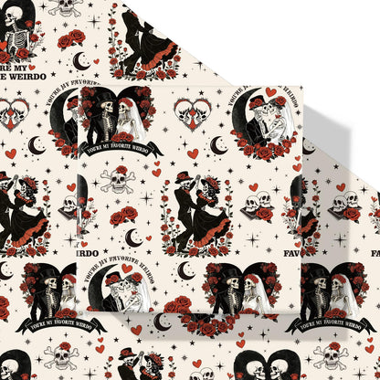 Joviwrap Gothic Anniversary Wrapping Paper Roll, Skull Couple Romantic Wrapping Paper, Black Red Skeleton Rose Present Packaging for Goth Weirdo Lovers Birthday Wedding Halloween, 17 In x 16.4 Ft