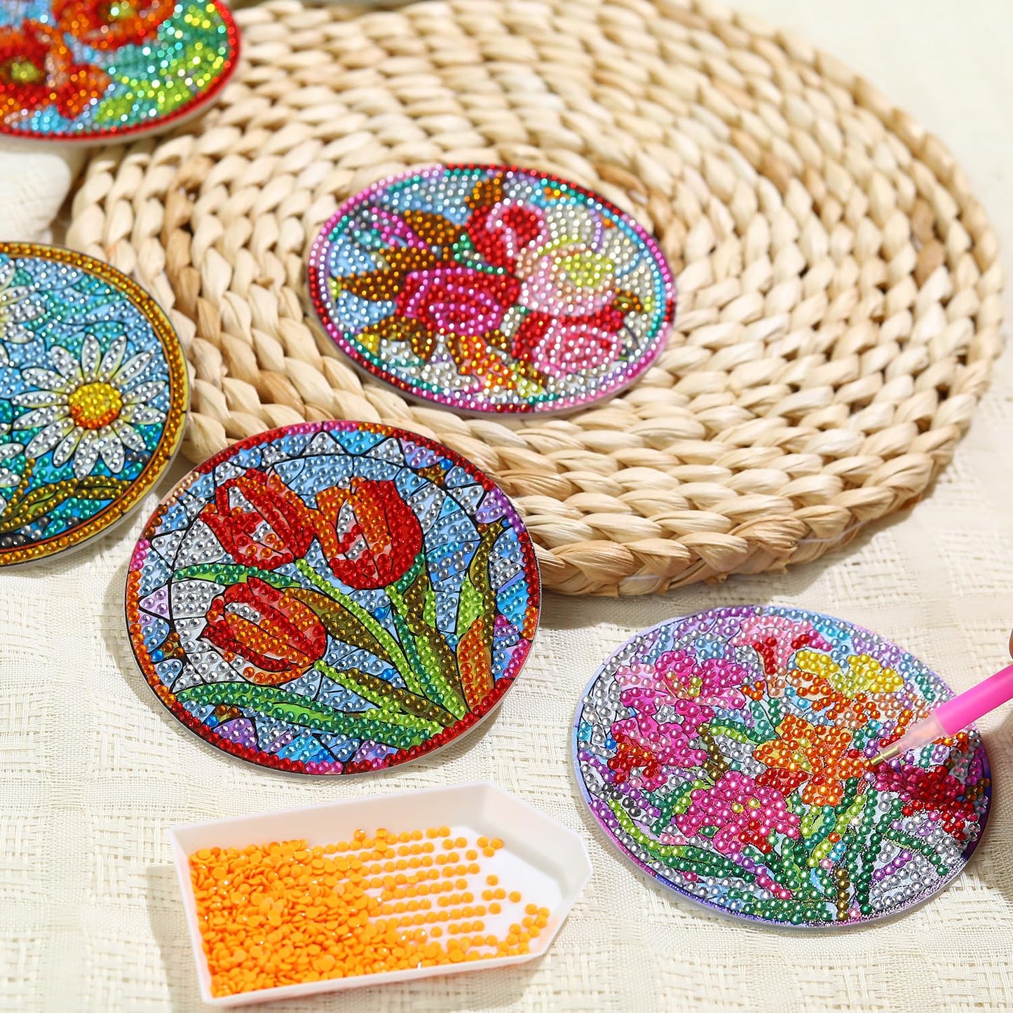 8 PCS Flowers Diamond Art Coasters Kits, Diamond Painting Coasters with Holder Set of 8, DIY Drink Coasters Art Crafts Supplies for Adults Cup Mat for Home Decor House Warming Gifts Non-Slip 3.9inch