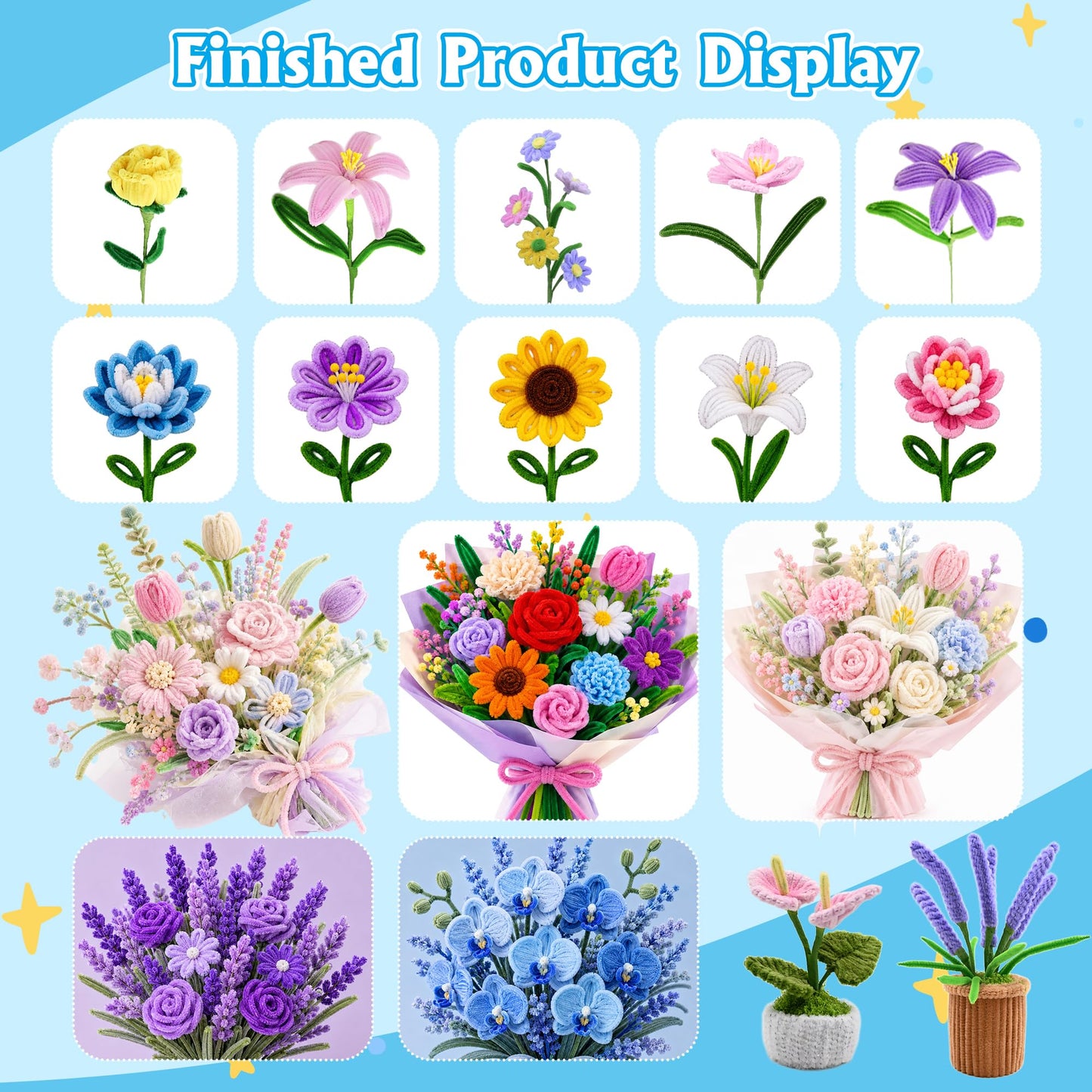 POMBUDS 572 PCS Pipe Cleaners Flower Kit, 13 Colors Chenille Stems with Floral Wires, Stamen, Tapes, Dot Glue, Instruction & White Box – DIY Craft Set for Handmade Bouquets