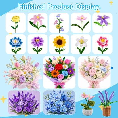 POMBUDS 572 PCS Pipe Cleaners Flower Kit, 13 Colors Chenille Stems with Floral Wires, Stamen, Tapes, Dot Glue, Instruction & White Box – DIY Craft Set for Handmade Bouquets