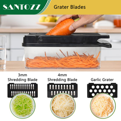 SANTOZZ Multifunctional Vegetable Chopper with Container, Vegetable Cutter with Interchangeable Blades, Onion Slicer, Garlic Grinder, Dicer for Potato, Carrot Chopper