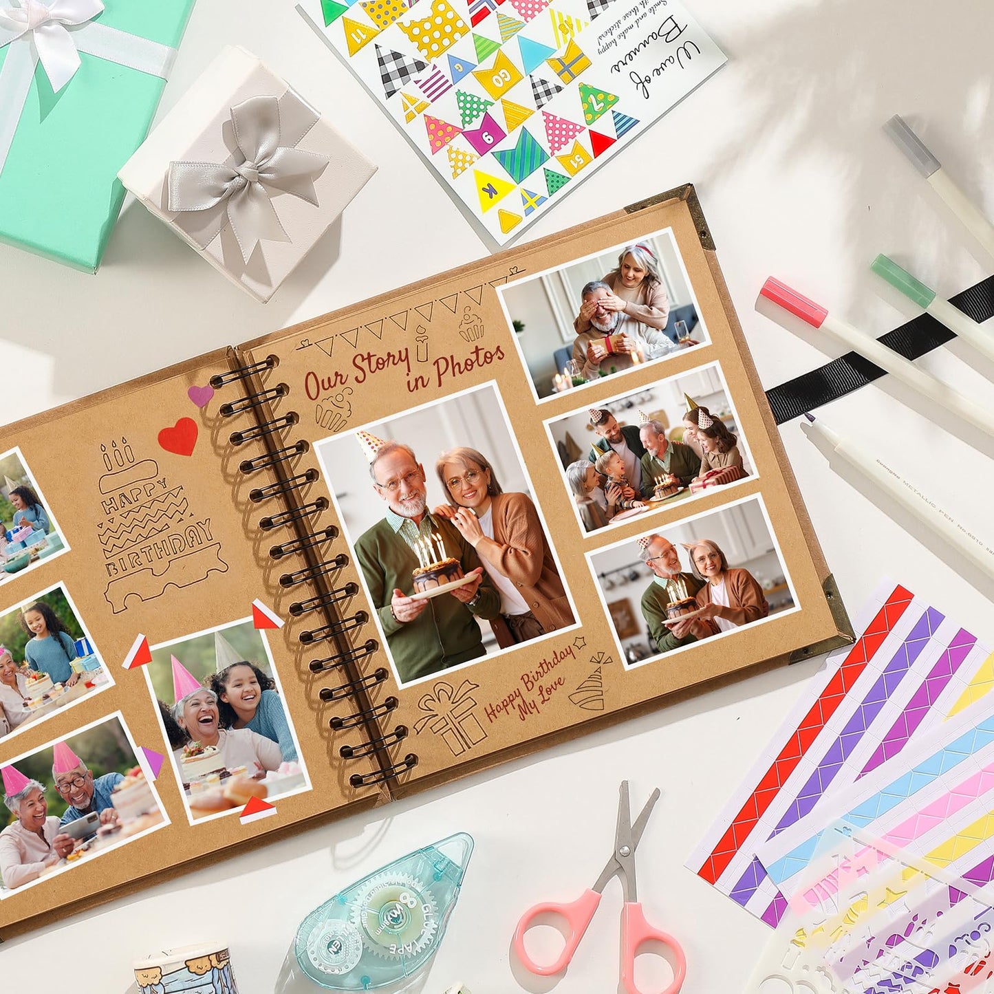 8 x 8 Inch Scrapbook Album 60 Pages with Scrapbooking DIY Kits. Window Photo Album with Scrapbook Tapes Stickers and Metallic Markers. Craft Memory Book for Wedding Baby Birthday Family Anniversary