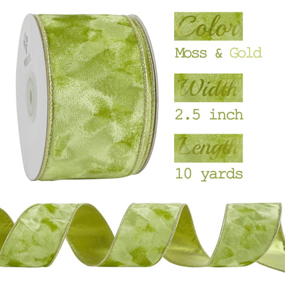 MEEDEE 2.5 inch Moss Green and Gold Velvet Ribbon 10 Yards Roll Two Tone Thick Wired Ribbon for Christmas Tree, Gift Wrapping, Velvet Bow, Wreaths, Crafts Supply, Seasonal Decorations