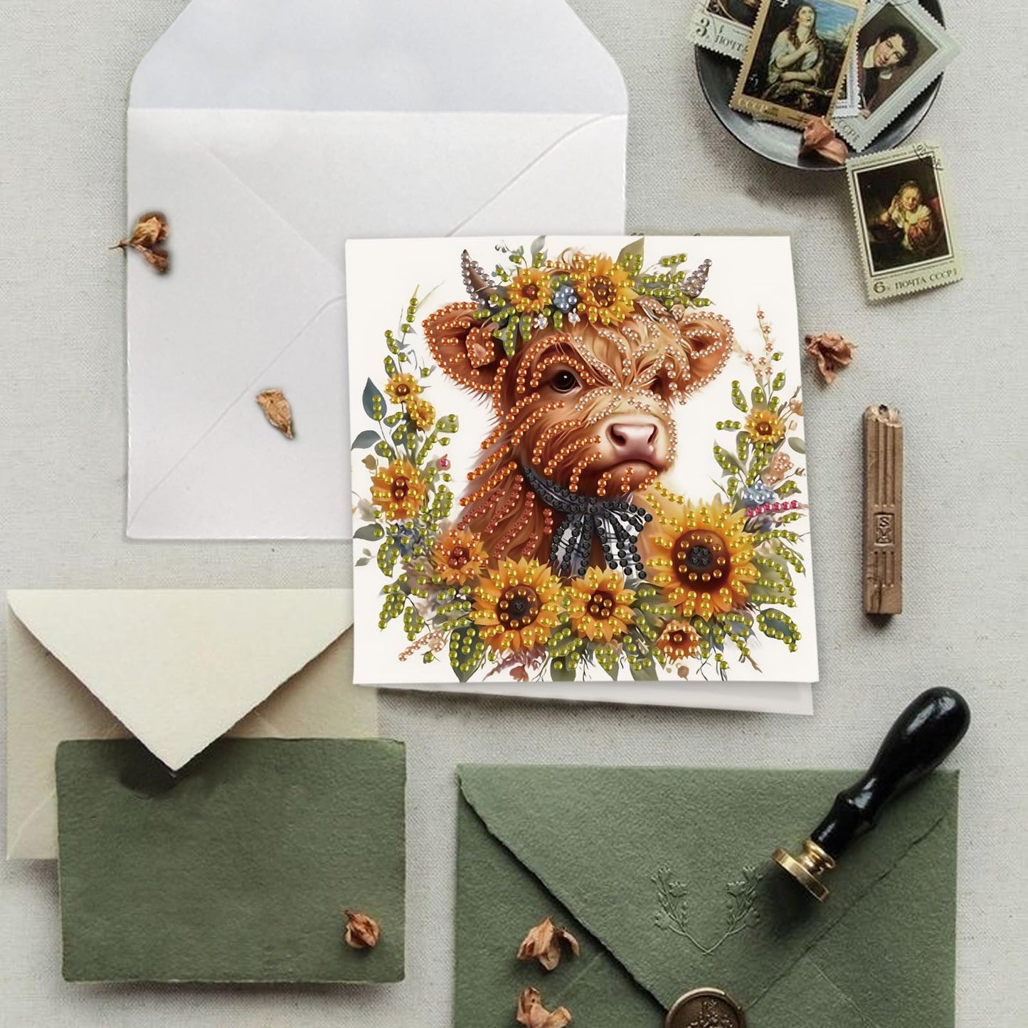 SHEGZHUC 6 Pack Diamond Painting Gift Card Diamond Art Kits for Adults Birthday Wedding Anniversary Greeting Get Well Congratulations Thank You Cards with Envelopes || Cows Sunflowers Animals