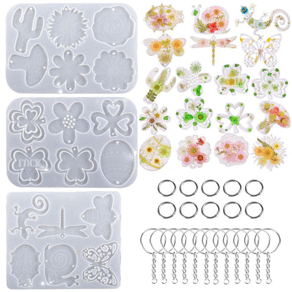 Attuslla 3 PCS Pendant Resin Molds Silicone Resin Jewelry Molds, Earring Making Kit, Silicone Molds with Key Chains, Jump Rings for Pendant, Keychain Charm