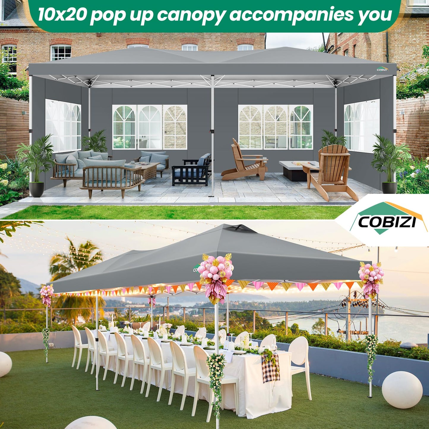 COBIZI Canopy 10x20 Pop Up Canopy Tent with 6 Sidewalls, One Push Party Tents for Parties Outdoor Wedding Waterproof Gazebo Commercial Event Tent with Sandbags, Grey