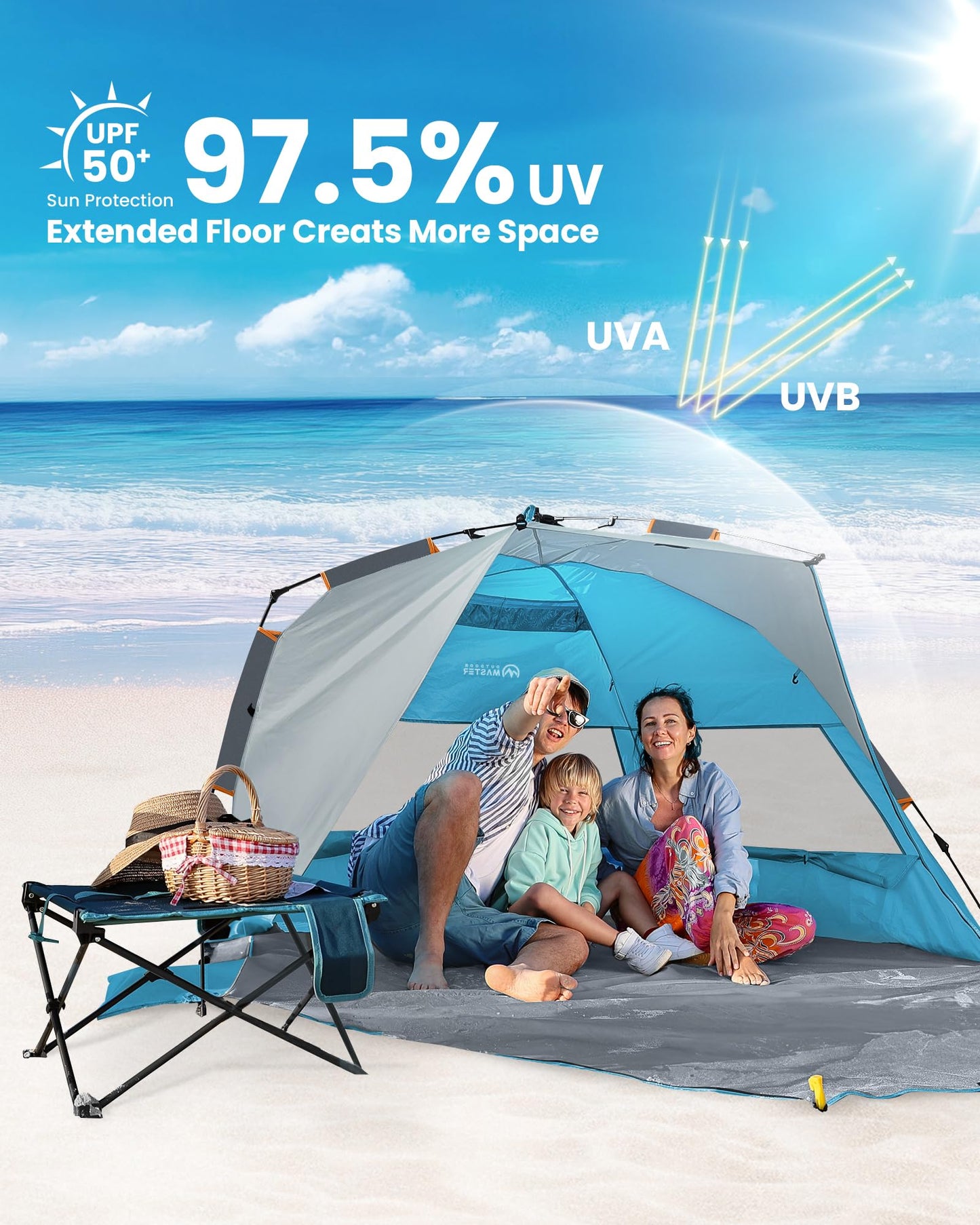 OutdoorMaster Pop Up Beach Tent for 4 Person - Easy Setup and Portable Beach Shade Sun Shelter Canopy with UPF 50+ UV Protection Removable Skylight Family Size - Ocracoke Coast