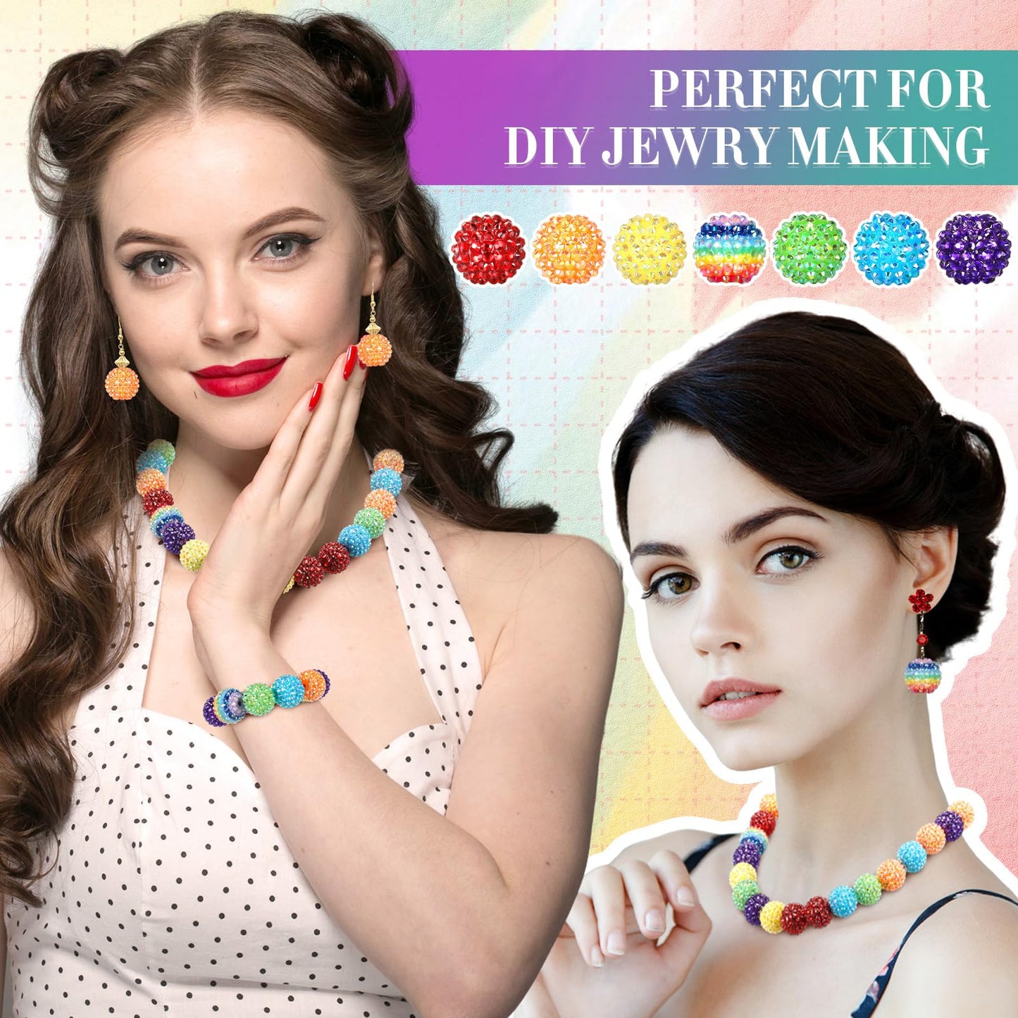 Loetere 40 Pcs 20 mm Rhinestone Beads Bulk Crystal Round Disco Ball Chunky Bubblegum Beads for Pens Bracelets Charms Craft European Style Jewelry Making Supplies Christmas(Rainbow)