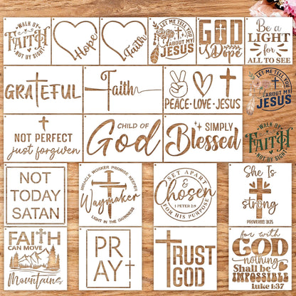 Sitsink Christian Inspirational Stencils for Painting - 20 Pcs Reusable Templates, Faith Jesus God Bless Stencils for DIY Crafts Church Decor Gift Making