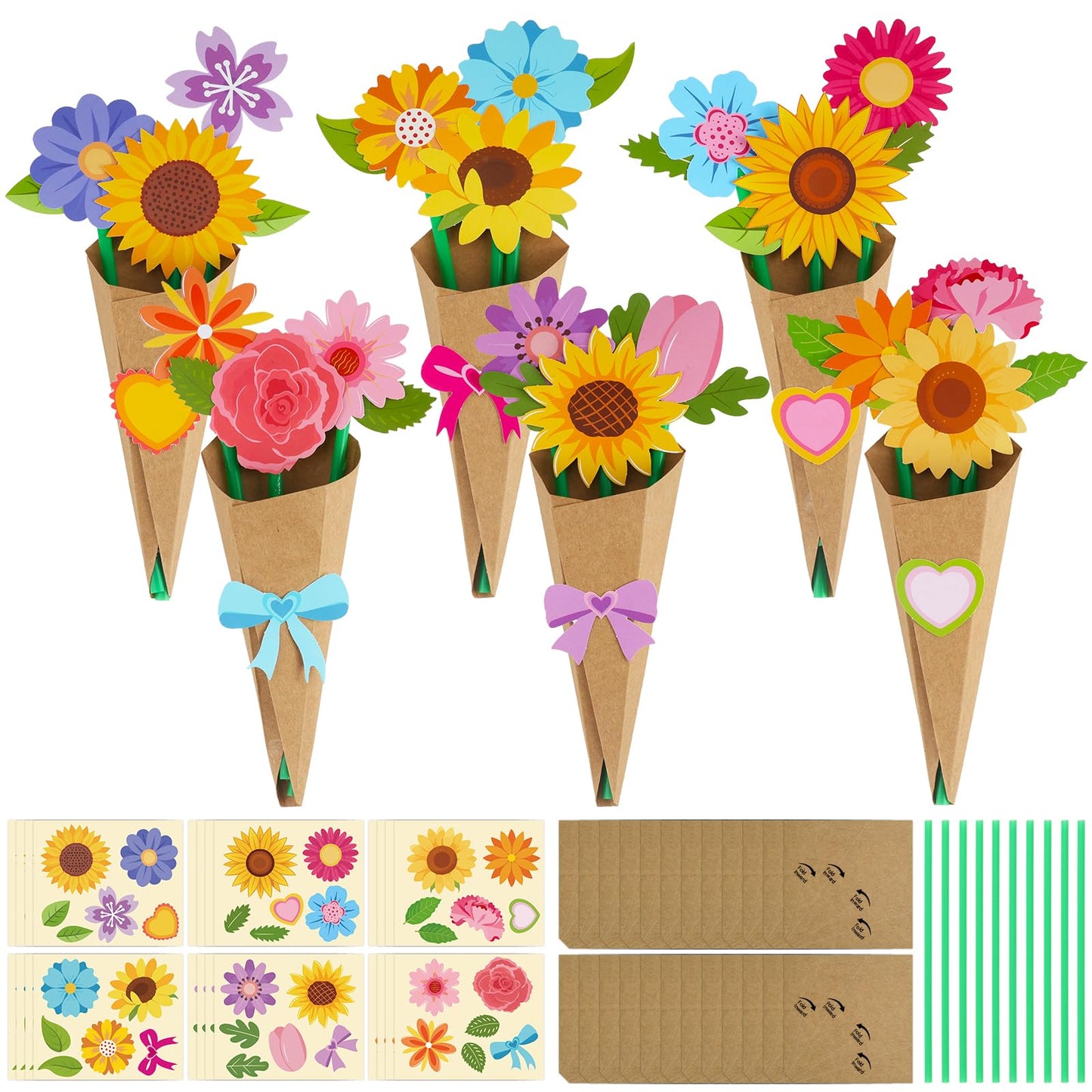 Nlicrst 24 Pcs Flower Bouquet Craft Kit- Make Your Own Flower Bouquets Paper Crafts for Mom, Home Fun DIY, Appreciation Handmade Gift for Mother's Day, Teacher, Birthday,Thankful (6 Styles)