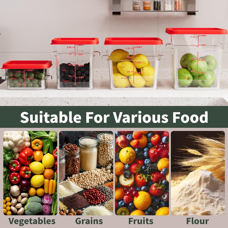 ENCYS 8 Quart Set of 4 Food Storage Containers Commercial Clear Square Food Storage Containers with Lids and Handles(BPA FREE)