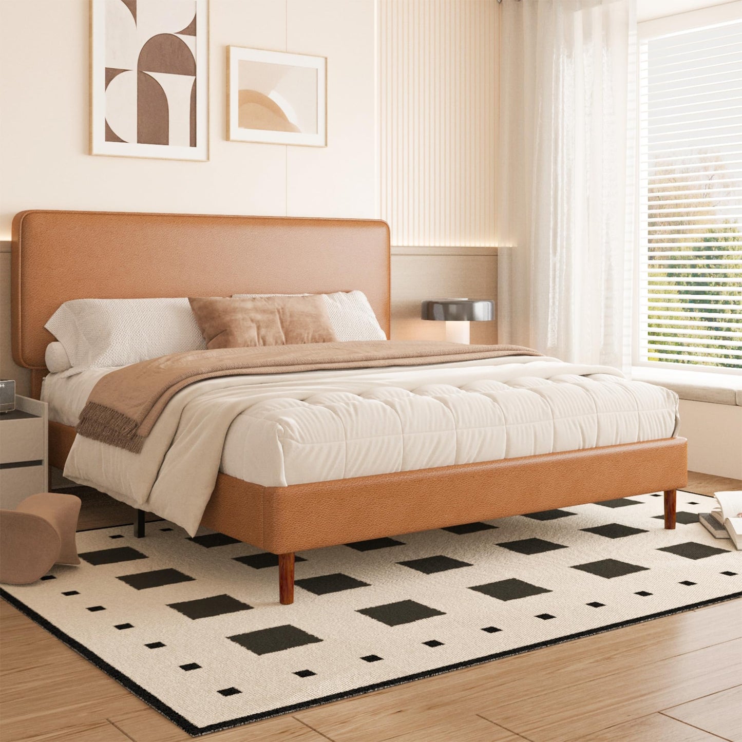 Lcwtvgxr King Size Leather Platform Bed Frame with Adjustable Upholstered Headboard, Solid Wooden Legs, No Box Spring Needed, Easy Assembly, Noise Free, Orange-Brown