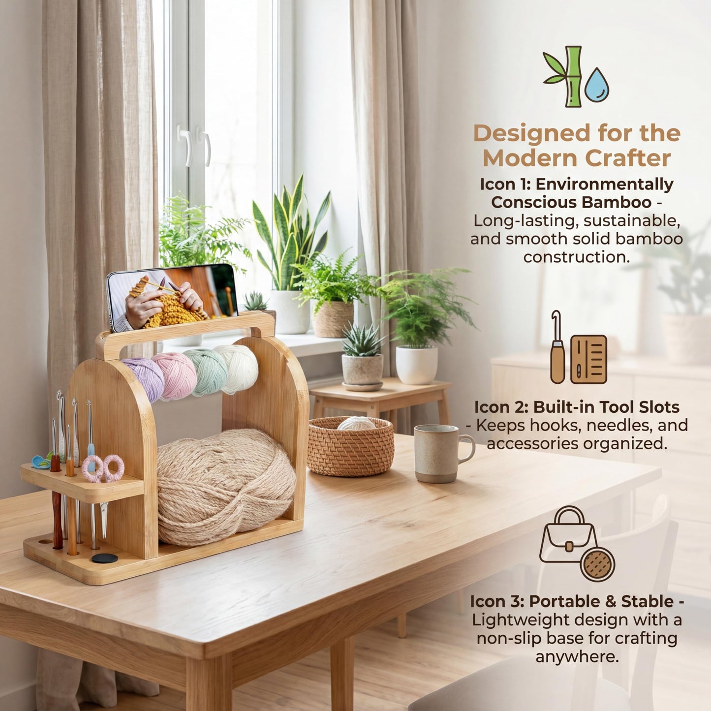 Wooden Yarn Holder with Phone Stand & Handy Tool Slot – Portable Yarn Spinner and Detachable Organizer Box for Crocheting, Knitting Projects and Yarn Storage