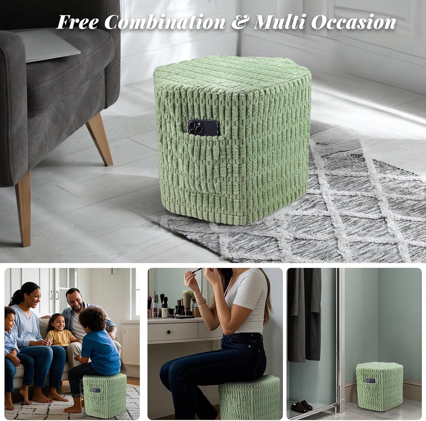 2 Hexagon Pouf Ottoman Stuffed with Pockets & Handle, Comfort Corduroy Poufs, Non-Slip Foot Stool Storage Ottoman, Foam