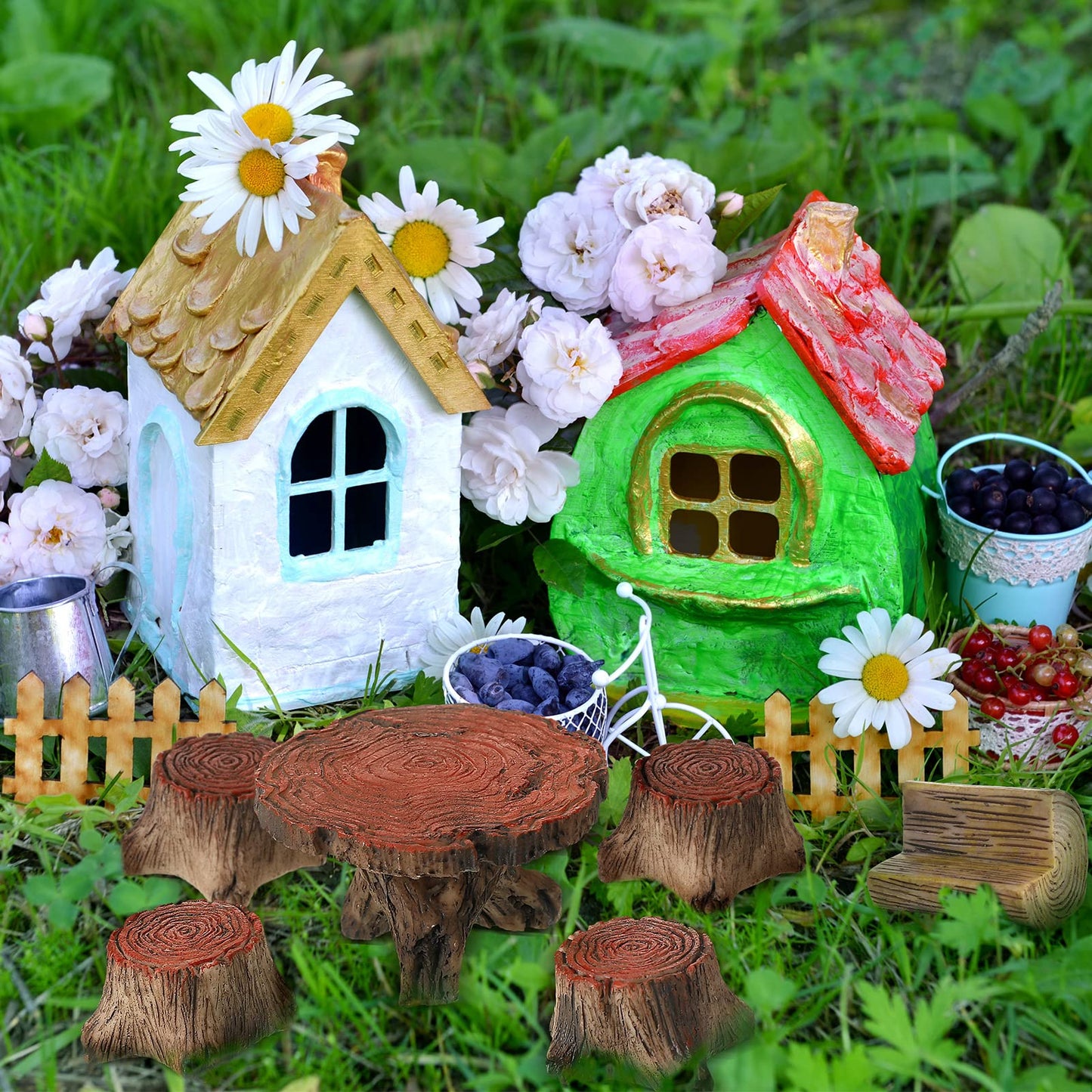 BBTO 24 Pcs Garden Furniture Fairy Mini Architecture Accessories Fairy Miniature Ornaments Artificial Grass and Moss Rocks Kit for Garden House Accessories