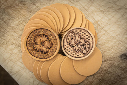 25 Pack – 3‑1/4" Round Veg‑Tanned Leather Pieces – 8–9 oz (3.2–3.6 mm) Natural Leather Circles for Coasters, Tooling, Stamping, Carving & Laser Engraving – Springfield Leather Company
