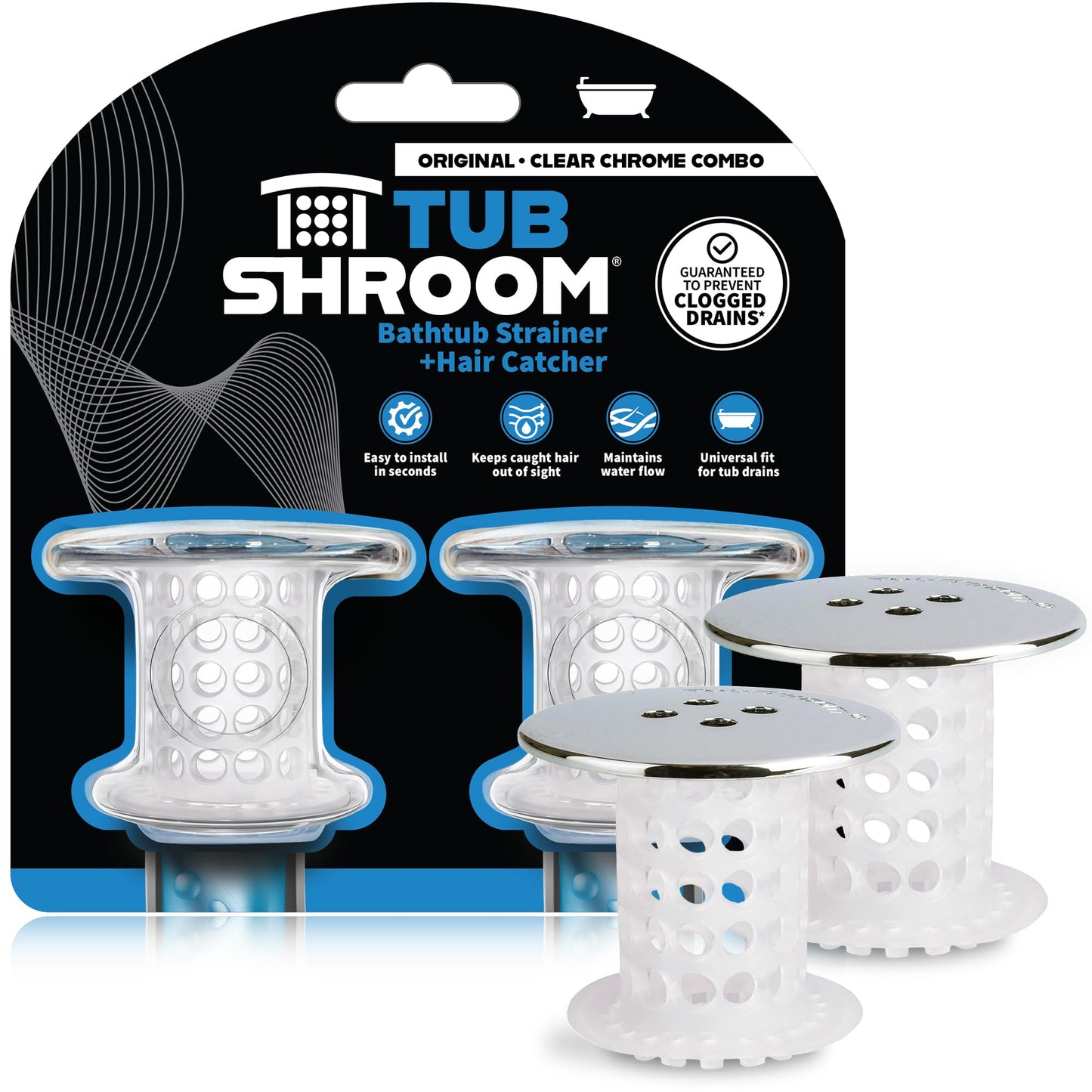 TubShroom Bathtub Drain Protector and Hair Catcher - 2 Pack, Chrome - Fits 1.5" - 1.75" Bathtub and Shower Drains