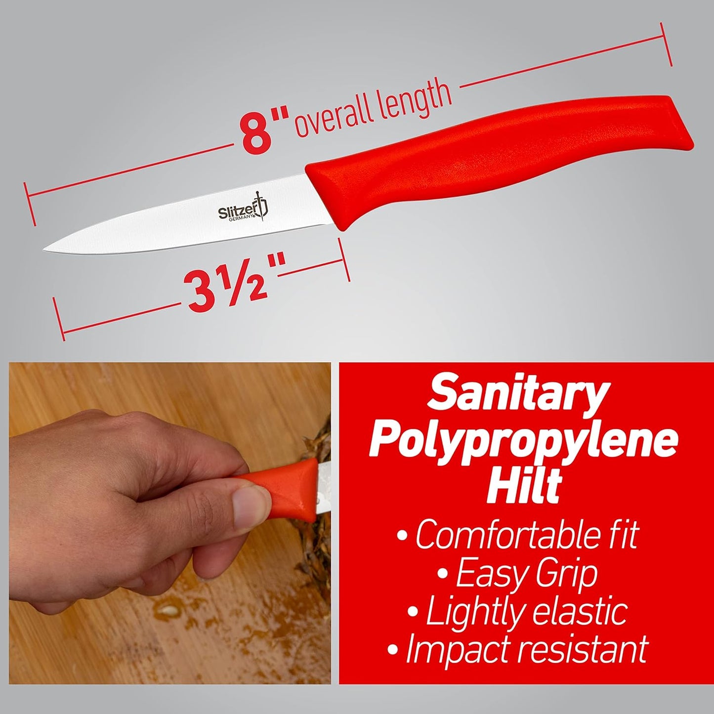 Paring Knife, 8 Inches German Stainless Steel Blade, 3/12 Inch Blade, Red