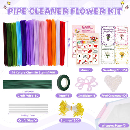 900 PCS Pipe Cleaners Craft, Pipe Cleaner Bulk Flower Kit 14 Colors Chenille Stems Flower Making Kit with Greeting Card, Floral Wires, Tape, Stamen, Floral Wrapping Paper & Ribbon for Art DIY Flowers