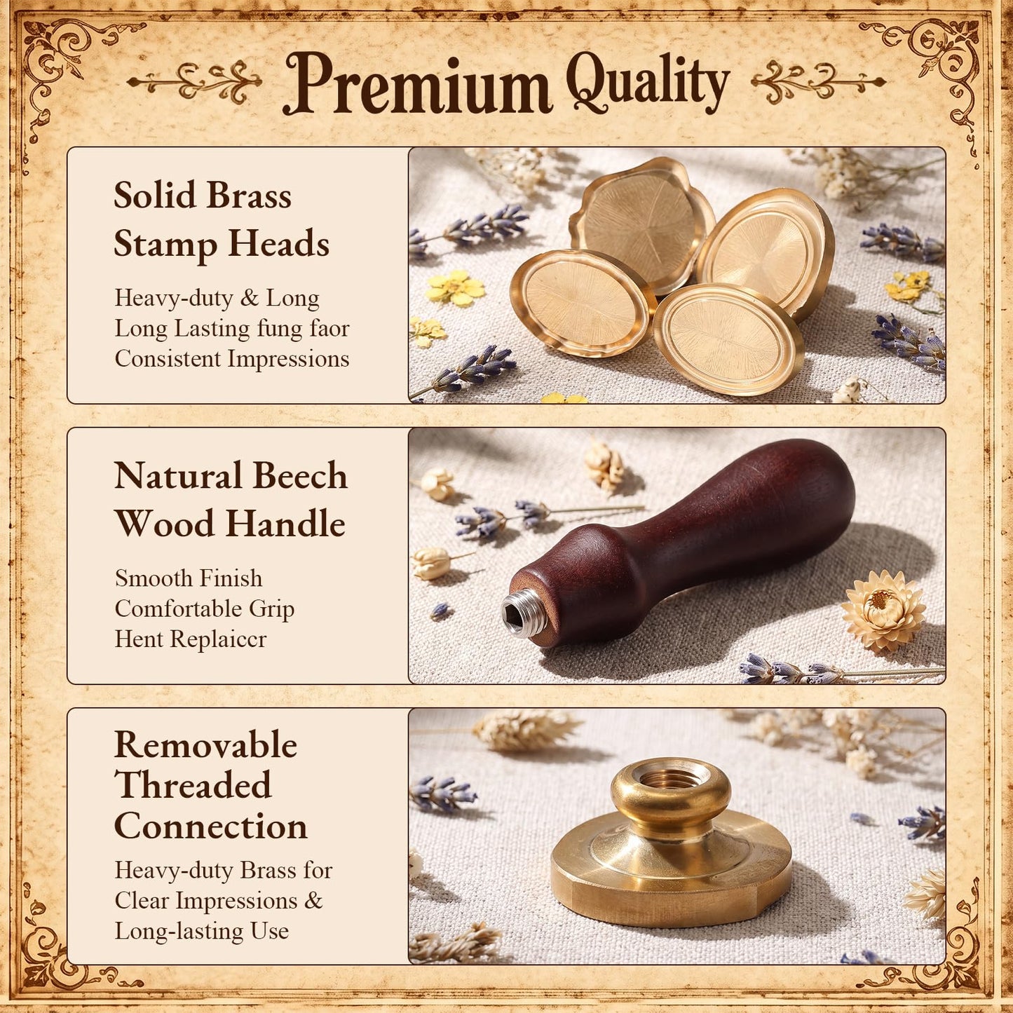 Jetec 4 Pcs Minimal Frame Wax Seal Stamp Kit, Brass Heads Beechwood Handle with Brass Round and Oval Design for Wedding Invitations Envelope Sealing Gift Wrapping DIY Crafts
