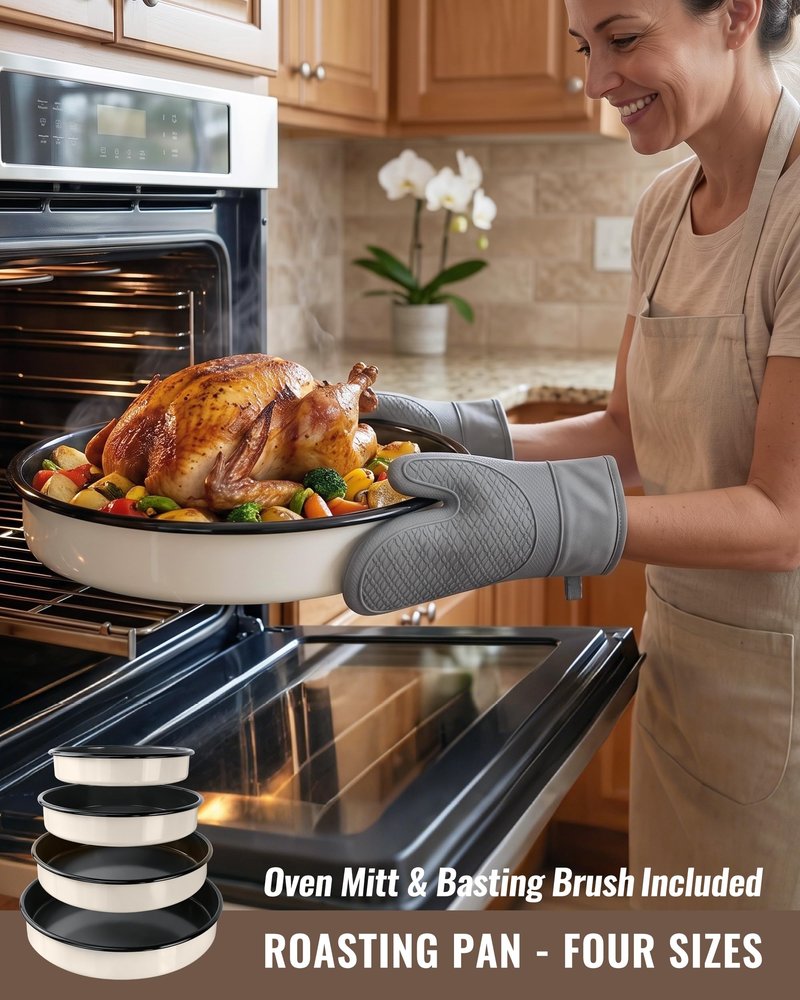 MCCSI Enamel Round Roasting Pan Set Baking Dish 4-Pack 9/10/12/14 Inch High Temperature Resistance Bakeware for Pizza Chicken, Oven Dishwasher Safe Birthday Mother Day Gift for Wife & Mom Cake Pan