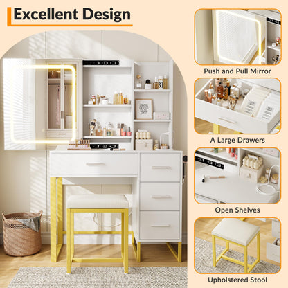 57'' Large Vanity Desk with Mirror & Lights, Makeup Vanity Table with Charging Station,