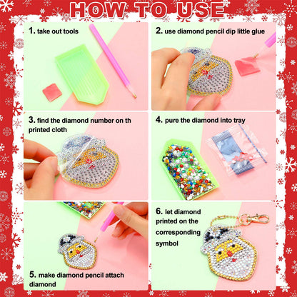 WILLBOND 16 Pieces Christmas Diamond Key Chain Kits Double Sided Diamond Art Keychain Bulk Diamond Christmas Ornament 5D Diamond DIY Painting Key Ring Pendant Christmas Tree for DIY Christmas Decor