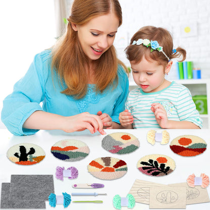 Punch Needle Coaster Kit for Beginners 6 Patterns Scenery Designs Embroidery Punch Needle Kit with Adhesive Felt Yarns Hoop Instruction Punching Decoration DIY Coaster Art Kits for Adults Beginner Kid