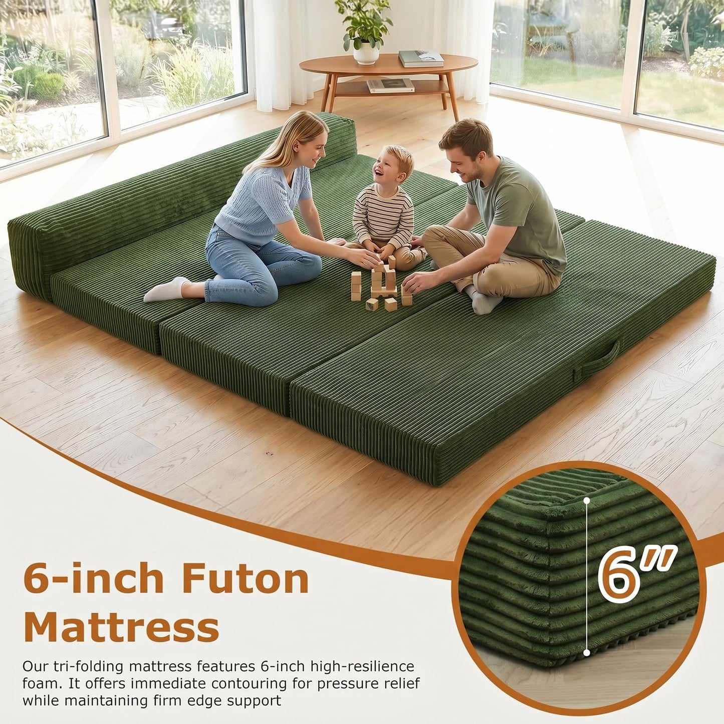 JUIKURY 5 in 1 Foldable Floor Sofa Bed, Tri-Fold Memory Foam Futon Mattress, Convertible Sleeper Couch Guest Bed, Portable Fold Out Sofa Couch for Living Room Apartment Office Guest Room