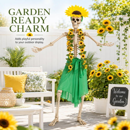 Yi-gog 5Pcs 12 Ft Skeleton Costume Set Halloween Skeletons Outfit Sunflower Headband Sunflower Vine Garlands Green Wrap Skirt Halloween Accessories