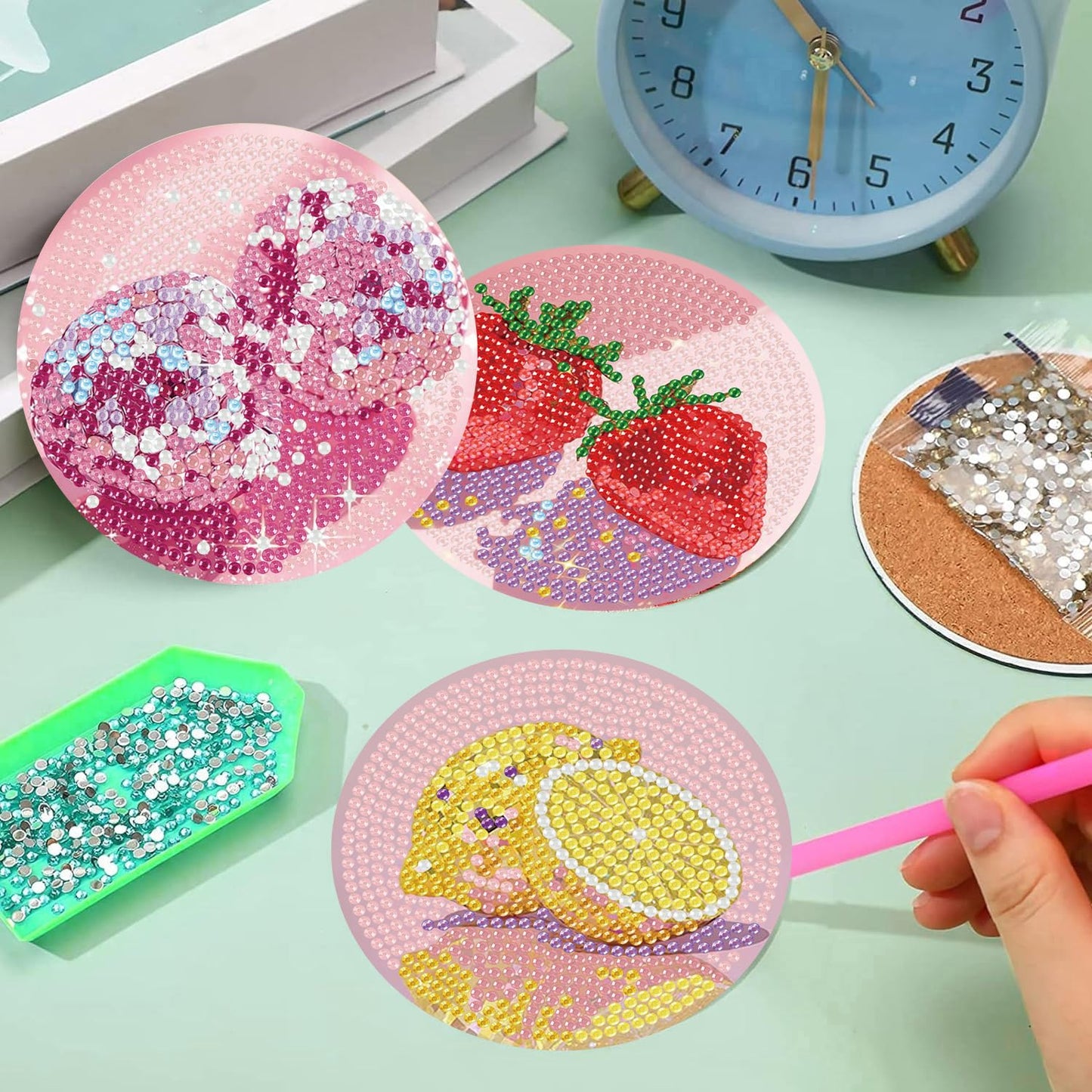 croshom Fruits Diamond Art Coasters Kits, 8 Pieces Diamond Painting Coasters with Holder, Diamonds Art Disco Ball Coaster Kits, 5D DIY Diamonds Arts Painting Kit for Adults Gift