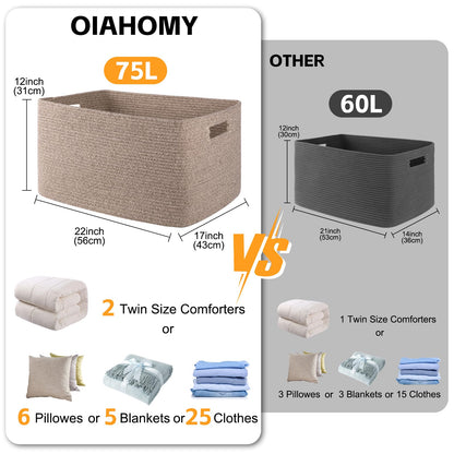 OIAHOMY 75L Large Blanket Basket, Woven Blanket Storage Basket with Handle, Cotton Rope Basket for Organizing 22”x17”x12”, Blanket Basket living Room, Toy Basket for Nursery, Brown variegated