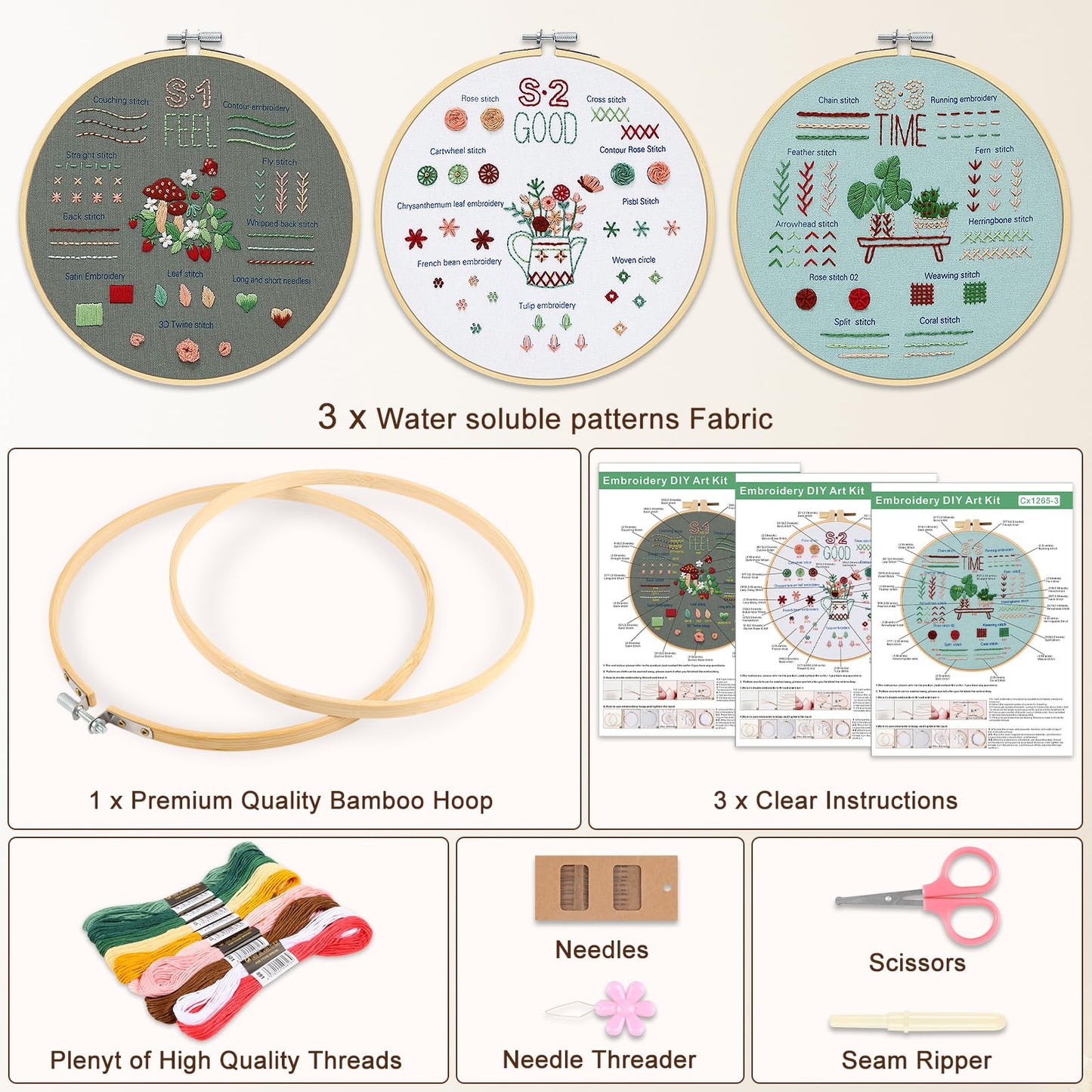 KintKita Embroidery Kit for Adults Beginners, 3 Stages to Learn 31 Basic Embroidery Stitches Practice Cross Stitch Kits for Beginners with Embroidery Patterns, Hoop,Threads,Tools