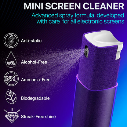 Mini Screen Cleaner Spray – Finger Proof Screen Cleaner for Smartphones, iPads, MacBooks, Laptops, Car Screens, Touchscreens – 3 in1 Mist Cleaner, Microfiber Cloth and Protective Cover (Grey)