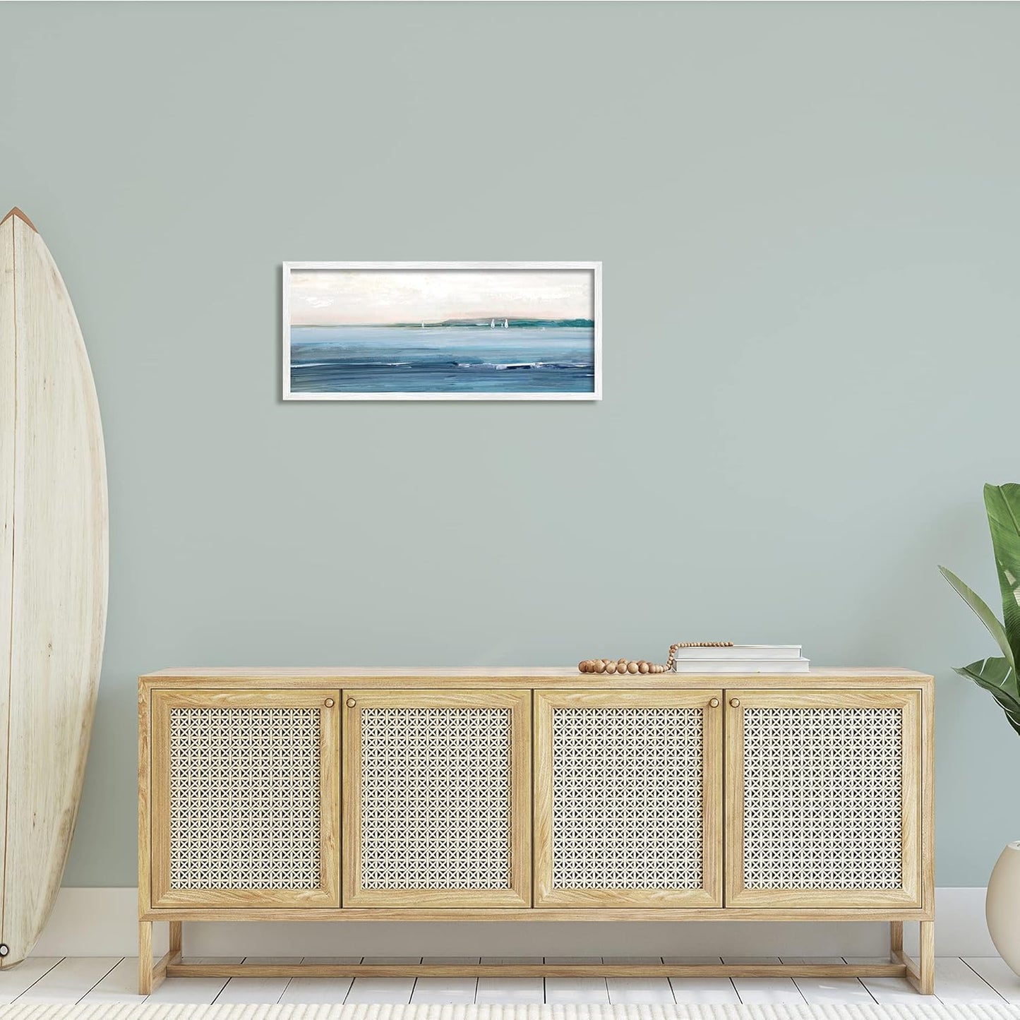 Stupell Industries White Framed Wall Art 30x13, Morning Sky Abstract Nautical Ocean Landscape by Sally Swatland