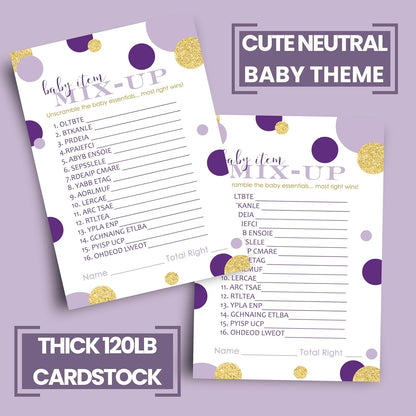 Purple and Gold Baby Shower Games - Word Scramble Game for Gender Reveal - 25 Pack, Royal Mermaid Design