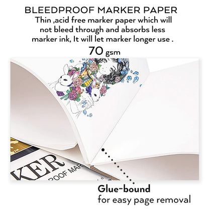 Bianyo Bleedproof Marker Paper Pad, A4(8.27"X11.69"), 50 Sheets/Pad, Pack of 2 Pads, 18 LB / 70 GSM, Glue-Bound, 100% Cotton, White, Ideal for Use with Markers and Ink Mediums