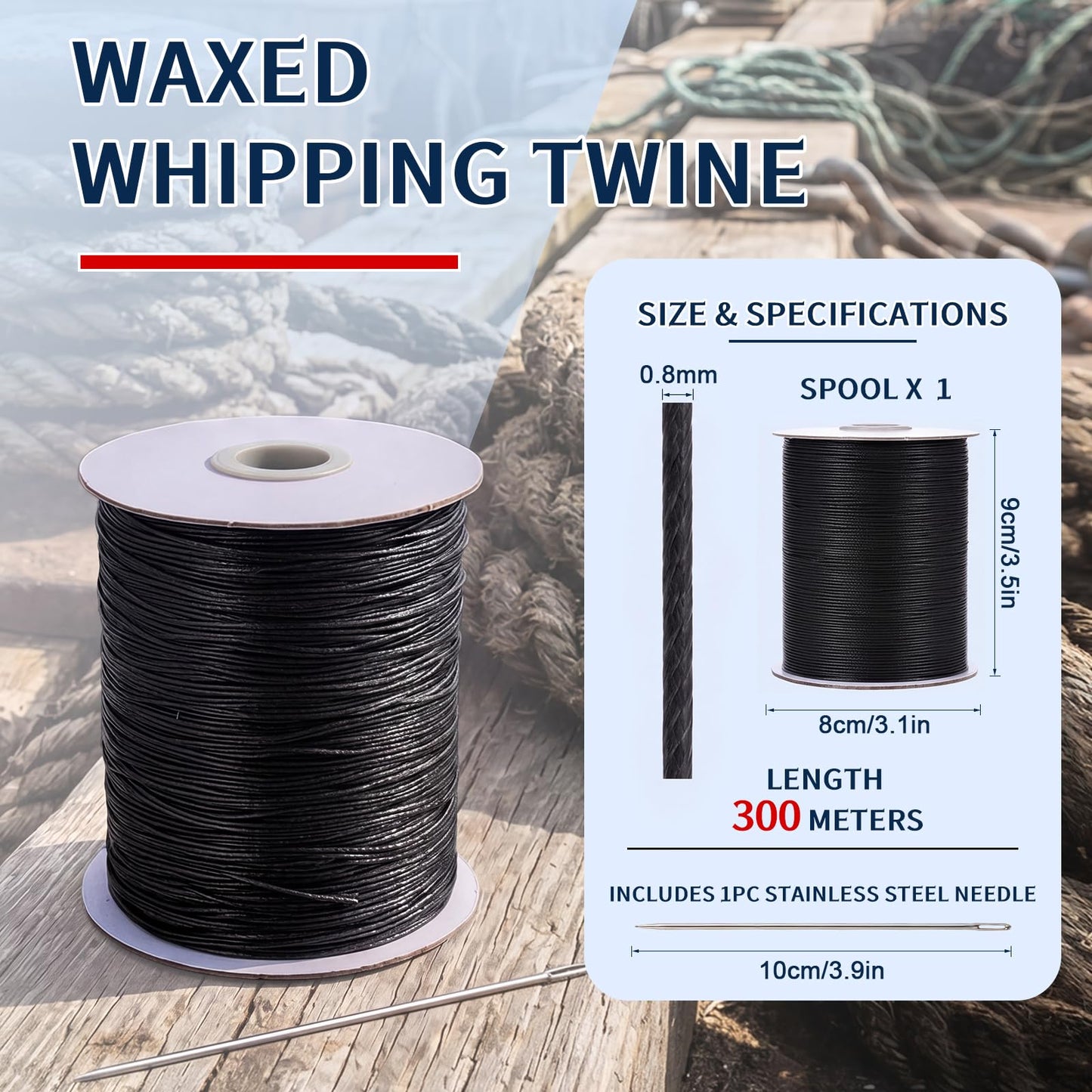 Timgle 1 Roll Waxed Polyester Whipping Twine, 0.8 mm x 300 m, Heavy Duty Polyester Wax Cord Equipped with Needle for Easy Use, Marine and Outdoor Rope(Black)