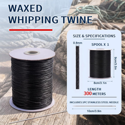 Timgle 1 Roll Waxed Polyester Whipping Twine, 0.8 mm x 300 m, Heavy Duty Polyester Wax Cord Equipped with Needle for Easy Use, Marine and Outdoor Rope(Black)